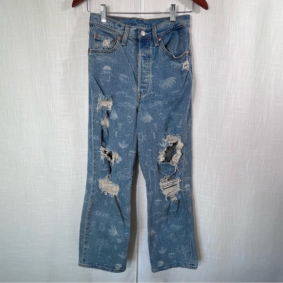 Levi’s Haus Miami Ribcage High Rise Ankle Rare Tropical Distressed Jeans Sz 27 - Picture 1 of 15